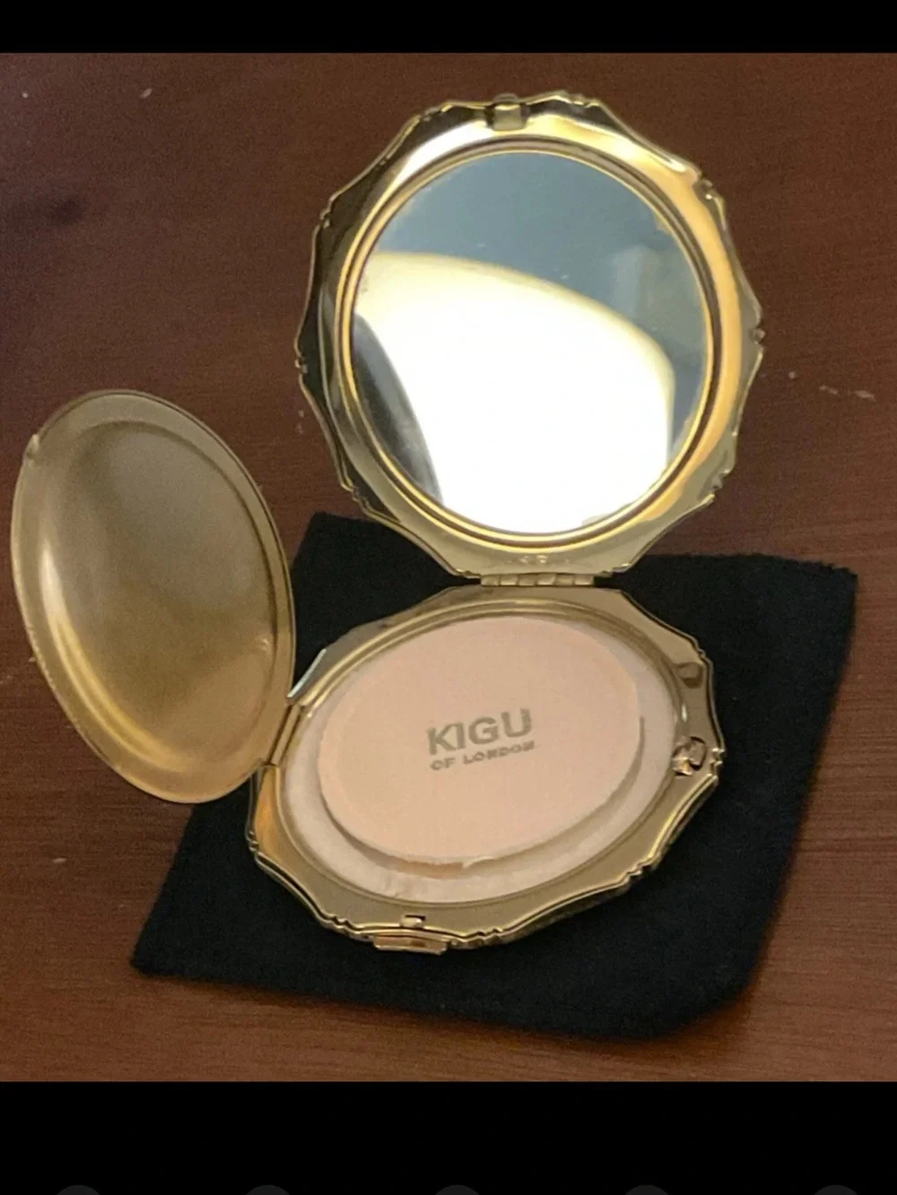 Vintage KIGU Gold Tone Mirror Compact W/ Sleeve England